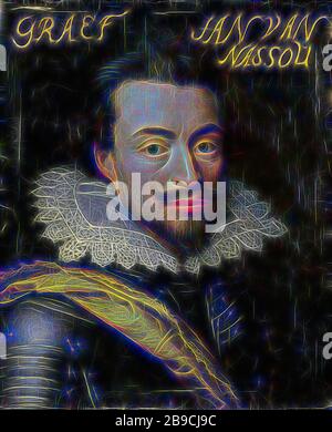 Ritratto di Jan il giovane, conte di Nassau-Siegen (conte Giovanni VIII o Nassau-Siegen), Ritratto di Jan de Jongere (1583-1638), Conte di Nassau-Siegen. Busto a destra, in armatura. Parte della serie di ritratti dello Stadhouderlijk Hof a Leeuwarden, Jan Antonisz van Ravesteyn (laboratorio di), c.. 1614 - c. 1633, pannello, vernice ad olio (vernice), supporto: H 29,8 cm × w 24,2 cm t 1,0 cm d 3,7 cm, reimmaginata da Gibon, disegno di calda luce allegra di luminosità e raggi luminosi. Arte classica reinventata con un tocco moderno. Fotografia ispirata al futurismo, che abbraccia l'energia dinamica della t moderna Foto Stock