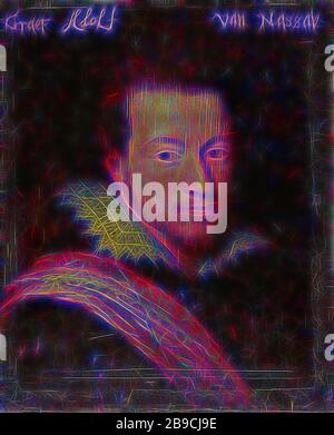 Ritratto di Adolf, conte di Nassau-Siegen, Ritratto di Adolf (1586-1608), Conte di Nassau-Siegen. Busto a destra, in armatura. Parte della serie di ritratti dello Stadhouderlijk Hof a Leeuwarden., Jan Antonisz van Ravesteyn (laboratorio di), c. 1609 - 1633, pannello, pittura ad olio (vernice), supporto: H 29,9 cm × w 24,1 cm t 0,7 cm d 3,1 cm, reimmaginata da Gibon, disegno di calda luce allegra di luminosità e raggi luminosi. Arte classica reinventata con un tocco moderno. La fotografia ispirata al futurismo, che abbraccia l'energia dinamica della tecnologia moderna, del movimento, della velocità e rivoluziona la cultura. Foto Stock