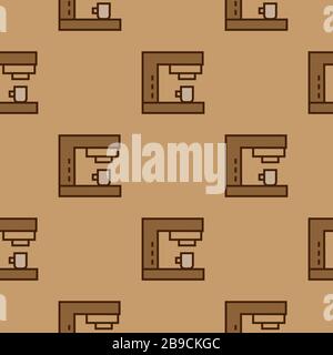 Macchina per il caffè - modello senza cuciture. Illustrazione vettoriale. Icona linea marrone - sfondo per la cucina Illustrazione Vettoriale