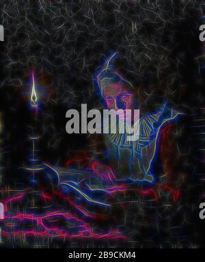 Old Woman Reading, una vecchia donna che legge in un libro denso (una Bibbia?) A lume di candela, con gli occhiali sul naso., Adriaan Meulemans, 1800 - 1833, pannello, pittura ad olio (vernice), h 25 cm × w 20,4 cm d 6,4 cm, Reimagined by Gibon, design di calore allegro di luminosità e raggi di luce radianza. Arte classica reinventata con un tocco moderno. La fotografia ispirata al futurismo, che abbraccia l'energia dinamica della tecnologia moderna, del movimento, della velocità e rivoluziona la cultura. Foto Stock