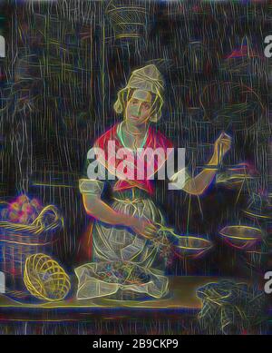 Venditore di frutta, la venditore di frutta. Una giovane donna si trova dietro il bancone di un negozio e pesa un grappolo di uva con una scala. A sinistra un cesto di mele, nei ripiani di fondo del negozio con cestini, pentole e padelle. Un lepre morto è appeso alla sinistra della finestra., Henrietta Christina Temminck, 1840 - 1860, pannello, pittura ad olio (vernice), h 42,5 cm × w 35 cm d 9,5 cm, Reimagined by Gibon, disegno di calore allegro di luminosità e raggi di luce radianza. Arte classica reinventata con un tocco moderno. Fotografia ispirata al futurismo, che abbraccia l'energia dinamica della tecnologia moderna, mov Foto Stock