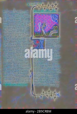 La visione di Ezechiele del Tetramorph, Maestro di Jean de Mandeville (francese, attivo 1350 - 1370), Parigi, Francia, circa 1360 - 1370, Tempera su pergamena, foglia: 34,9 x 26 cm (13 3,4 x 10 1,4 in, Reimagined by Gibon, disegno di calore allegro raggi di luminosità e luce radianza. Arte classica reinventata con un tocco moderno. La fotografia ispirata al futurismo, che abbraccia l'energia dinamica della tecnologia moderna, del movimento, della velocità e rivoluziona la cultura. Foto Stock