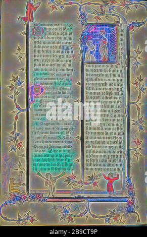 Initial A: The Annunciation, Paris, France, 1320 - 1325, colori Tempera, foglia d'oro, e inchiostro su pergamena, Leaf: 16,7 x 11,1 cm (6 9,16 x 4 3,8 in, Reimagined by Gibon, design di calore allegro di luminosità e raggi di luce radianza. Arte classica reinventata con un tocco moderno. La fotografia ispirata al futurismo, che abbraccia l'energia dinamica della tecnologia moderna, del movimento, della velocità e rivoluziona la cultura. Foto Stock