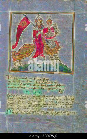 Il Sole rappresentato come imperatore a Horseback, Augsburg, Germania, poco dopo il 1464, Watercolor e inchiostro su carta legata tra le tavole di legno originali ricoperte di maialino originale, Leaf: 30,6 x 22,1 cm (12 1,16 x 8 11,16 poll., Reimagined by Gibon, design di calore allegro di luminosità e raggi di luce radianza. Arte classica reinventata con un tocco moderno. La fotografia ispirata al futurismo, che abbraccia l'energia dinamica della tecnologia moderna, del movimento, della velocità e rivoluziona la cultura. Foto Stock