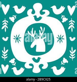 Testa di cervo folcloristico in cornice. Doodle art piastrelle quadrate. Stile scandinavo con forme geometriche tradizionali nei colori verde e bianco. Clipart folcloristiche Illustrazione Vettoriale