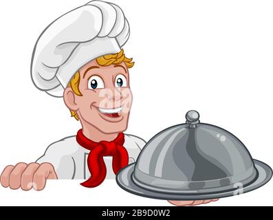 Chef Cook Baker Man Cartoon Holding Vassoio Domed Illustrazione Vettoriale