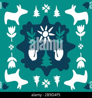 Animali folkloristici da favola. Doodle arte piastrelle quadrate. Forme geometriche tradizionali nei colori blu, verde e bianco. Elementi della clipart, ispirazione finlandese Illustrazione Vettoriale