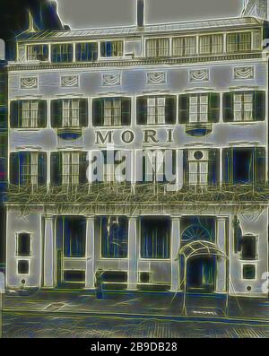 Mori's Restaurant, Berenice Abbott (American, 1898 - 1991), 21 novembre 1935, stampa gelatinosa in argento, 24,6 x 19,4 cm (9 11,16 x 7 5,8 pollici, reimmaginata da Gibon, design di calore allegro di luminosità e raggi di luce radianza. Arte classica reinventata con un tocco moderno. La fotografia ispirata al futurismo, che abbraccia l'energia dinamica della tecnologia moderna, del movimento, della velocità e rivoluziona la cultura. Foto Stock