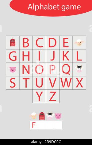 Farm alfabeto gioco per i bambini, fare una parola, pre-scuola foglio di lavoro attività per i bambini, educativo spelling gioco di scramble per lo sviluppo di Illustrazione Vettoriale