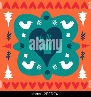 Testa di cervo folcloristico in cornice con gli uccelli. Doodle art piastrelle quadrate. Stile scandinavo con forme geometriche tradizionali nei colori verde e bianco. Folklore Illustrazione Vettoriale