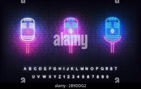 Neon del microfono. Set di microfoni al neon illuminanti per podcast, stand up, commedia show Illustrazione Vettoriale