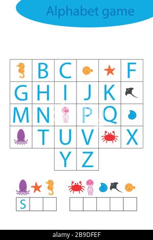 Sea World alfabeto gioco per i bambini, fare una parola, pre-scuola foglio di lavoro attività per i bambini, educativo spelling gioco di scramble per lo sviluppo di Illustrazione Vettoriale