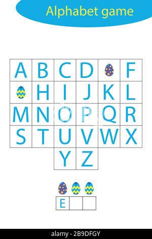 Gioco dell'alfabeto pasquale per i bambini, fare una parola, attività di foglio di lavoro prescolare per i bambini, gioco di scramble ortografico educativo per lo sviluppo di Illustrazione Vettoriale