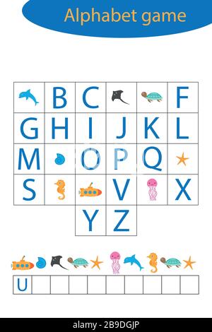 Gioco di alfabeto subacqueo per bambini, fare una parola, attività di foglio di lavoro prescolare per i bambini, gioco di scramble ortografico educativo per lo sviluppo di Illustrazione Vettoriale