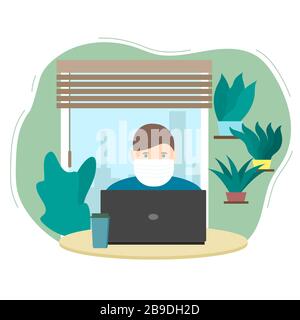 Il giovane freelancer lavora a casa e beve il caffè al computer in isolamento. Illustrazione vettoriale in stile piatto. Illustrazione Vettoriale
