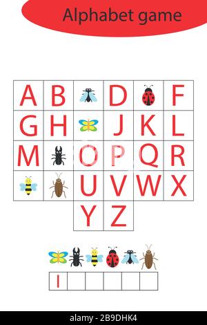 Insetto alfabeto gioco per i bambini, fare una parola, pre-chool foglio di lavoro attività per i bambini, ortografia educativa gioco di scramble per lo sviluppo di Illustrazione Vettoriale