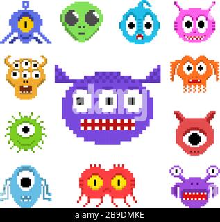 Pixel Art alieni vettore isolato impostato Illustrazione Vettoriale