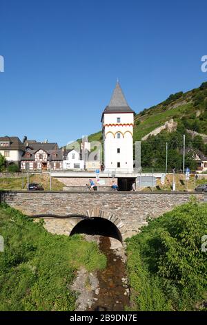 Torre della menta, Bacharach am Rhein, Patrimonio dell'Umanità dell'UNESCO alta Valle del Reno, Renania-Palatinato, Germania, Europa Foto Stock