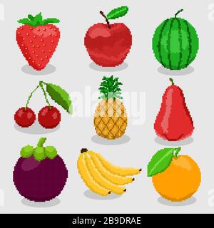 Frutti di pixel per le icone di giochi ad alta dettagliata set di vettore Illustrazione Vettoriale