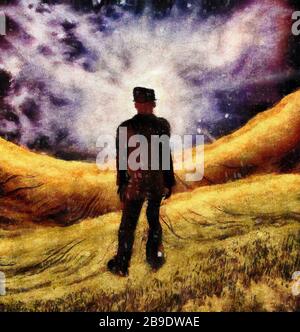 Pittura surreale. Uomo in tuta si trova sul campo. Foto Stock