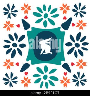 Lepre nel telaio. Fiori e saluti. Piastrelle piazza arte popolare. Stile scandinavo con conigli e natura. Sfondo etnico. Clipart folcloristiche Illustrazione Vettoriale