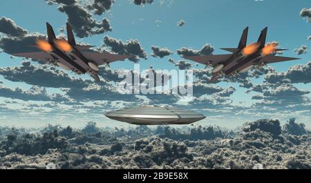 I jet militari perseguono UFO. Foto Stock