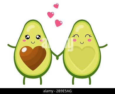 Divertente felice carino felice sorridente coppia di avocado in amore. Carino cartone animato avocado coppia mani in mano. Biglietto di auguri per San Valentino. Rapporto di illustrazione del vettore Illustrazione Vettoriale