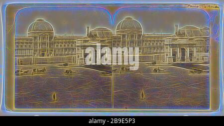 Vue Instantanee de Paris. Place et Arc de Triomphe du Carrousel, francese, 9 marzo 1864, stampa d'argento albume, reimmaginata da Gibon, design di calore allegro di luminosità e raggi di luce radianza. Arte classica reinventata con un tocco moderno. La fotografia ispirata al futurismo, che abbraccia l'energia dinamica della tecnologia moderna, del movimento, della velocità e rivoluziona la cultura. Foto Stock