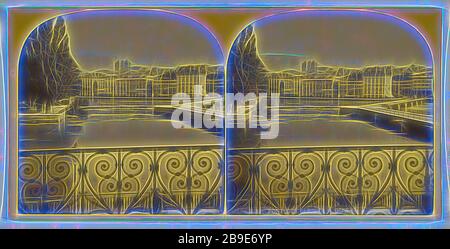 Pont des Bergues a Geneve, circa 1865, stampa d'argento albume, Svizzera, Reimagined by Gibon, design di calore allegro di luminosità e raggi di luce radianza. Arte classica reinventata con un tocco moderno. La fotografia ispirata al futurismo, che abbraccia l'energia dinamica della tecnologia moderna, del movimento, della velocità e rivoluziona la cultura. Foto Stock