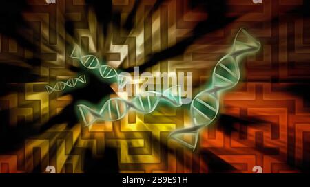 Rendering 3D di filamenti di DNA su sfondo labirinto. Foto Stock