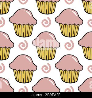 Cupcake crema rosa fragola con motivo senza cuciture Illustrazione Vettoriale