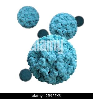 Illustrazione 3D di virioni di norovirus su sfondo nero. Foto Stock