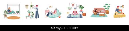 Quarantena, soggiorno a casa concept serie - persone sedute a casa, camera o appartamento, praticare yoga, godersi la meditazione, rilassarsi sul divano Illustrazione Vettoriale