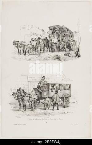 Diligenza delle posizioni generali di amministrazione dell'automobile/dell'ufficio grande, fattori conosciuti Jean-Victor Adam, il Victor Adam del dit (1801-1866). 'Suite de voitures modernes et de chevaux harnachés (pl. 9)'. Diligence du Grand Bureau/ voiture de la Direction générale des postes, dite des facteurs. Lithographie. Parigi, musée Carnavalet. Foto Stock