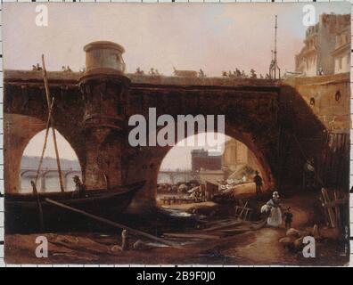 PARIGI - NUOVO PONTE, VISTA SUL LUNGOMARE DELLA RIVA DESTRA 'le Pont Neuf, vu de la berge de la rive Drive, vers 1830'. Anonyme, huile sur toile. Parigi, musée Carnavalet. Foto Stock