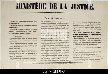 MINISTERO DELLA GIUSTIZIA, LA CORTE SUPREMA HA PRESO IL CONTROLLO IERI DURANTE LE AUDIZIONI ... AUGUSTUS PORTALIS, NOMINATO PROCURATORE È STATO INSTALLATO DALLA CORTE D'APPELLO ... - MINISTERO DELLA GIUSTIZIA, LA CORTE SUPREMA HA ASSUNTO IERI IL CONTROLLO DURANTE LE AUDIZIONI ... AUGUSTUS PORTALIS, NOMINATO PROCURATORE È STATO INSTALLATO DALLA CORTE D'APPELLO .. Boucquin. Ministère de la Justice, la Cour de Cassation a repris hier le cours de ses audience...M. Auguste Portalis, nommé Procureur général, a été installé par la Cour d'Appel.... Affiche. Typographie, 1848. Parigi, musée Carnavalet. Foto Stock