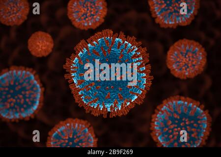 Cellula di coronavirus all'interno del corpo umano. Cella COVID-19 in vista microscopio. Rendering 3D realistico. Modello di simulazione del virus nelle infezioni respiratorie. Concep Foto Stock