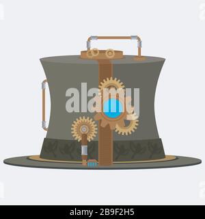 Cilindro a cappello in stile steampunk con meccanismi e ingranaggi. Illustrazione vettoriale. Illustrazione Vettoriale