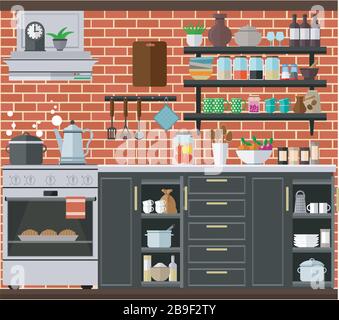 Cucina accogliente con stufa a gas, cappa e mobili da cucina. Illustrazione vettoriale. Illustrazione Vettoriale