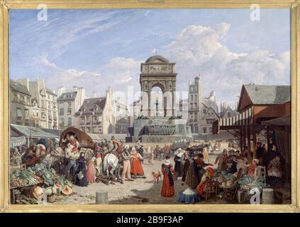 IL MERCATO E LA FONTANA DI INNOCENTE John-James Chalon (1778-1854). "Le marché et la fontaine des Innocents". Huile sur toile, 1822. Parigi, musée Carnavalet. Foto Stock