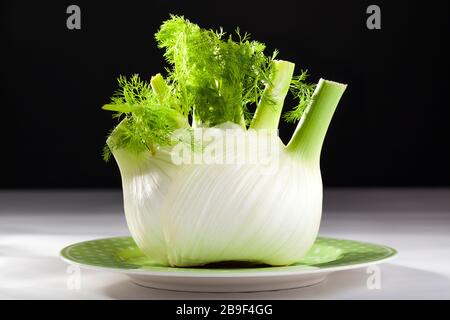 Finocchio fresco crudo su un piatto su una superficie bianca con fondo nero Foto Stock