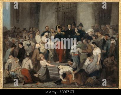 PARIGI - IL DUCA D'ORLÉANS VISITARE IL MALATO HOTEL-DIEU DURANTE L'EPIDEMIA DI COLERA Alfred Johannot (1800-1872) 'le duc d'Orléans visitant les malades de l'Hôtel-Dieu pendant l'épidémie de choléra', 1832. Peinture. Parigi, musée Carnavalet. Foto Stock