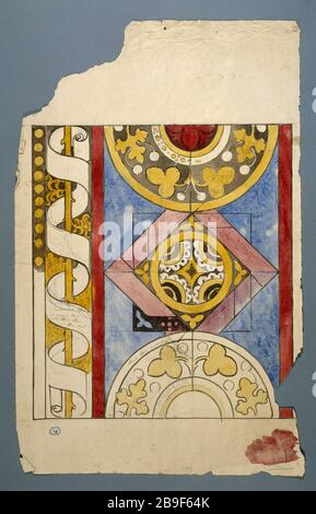 DESIGN IN VETRO COLORATO: CHEVREUSE - BORDER Prosper Lafaye (1806-1883). "Essin de vitrail : Chevreuse - bordure, entre 1845 et 1875". Parigi, musée Carnavalet. Foto Stock