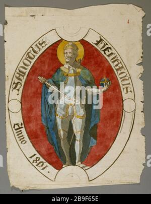 DESIGN IN VETRO COLORATO: SAINT HENRY Prosper Lafaye (1806-1883). "Essin de vitrail : Saint Henri, entre 1845 et 1875". Parigi, musée Carnavalet. Foto Stock