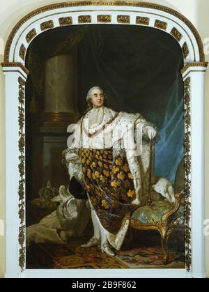 LUIGI XVI COSTUME SACRE Joseph-Siffrède Duplessis (1725-1802). Luigi XVI (1754-1793), roi de France, en costume de sacre (l'une des 46 répliques du portrait exposé au Salon de 1777). Huile sur toile. Parigi, musée Carnavalet. Foto Stock