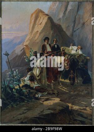 Ricorda il viaggio da Parigi a Cadice realizzato nel 1846 da Alexandre Dumas e dai suoi amici Eugène Giraud (1806-1881). 'Souvenir du voyage de Paris à Cadix fait, en 1846, par Alexandre Dumas et ses amis (de gauche à droite : le guide couché, de dos, Adolphe Desbarolles, Eugène Giraud, Alexandre Dumas fils, Alexandre Dumas père, Auguste Maquet, Louis Boulanger et 'Eau de Benjoin', le domillestique, dos'). Huile sur bois. Parigi, musée Carnavalet. Foto Stock