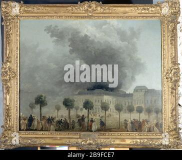 FIRE OPERA VISTO IL PALAZZO GIARDINI ROYAL HUBERT ROBERT (1733-1808). 'L'incendie de l'Opéra vu des jardins du Palais-Royal, le 8 juin 1781'. Huile sur toile. Parigi, musée Carnavalet. Foto Stock