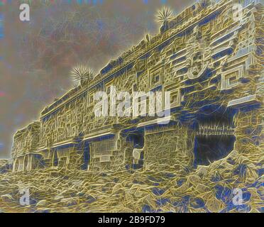 Palazzo del governatore (Uxmal, Messico): Facciata, viste delle rovine di Aztec, Maya e Zapotec in Messico, Charnay, Désiré, 1828-1915, gelatina che sviluppa carta (d.o.p.), 1882, Yucatán, Messico. Uxmal. (Yuc)-Casa del Gobernador --in neg. Cultura Maya. Uxmal. Gobernador. D. Charnay 45, Reimagined di Gibon, disegno di calore allegro di luminosità e raggi di luce radianza. Arte classica reinventata con un tocco moderno. La fotografia ispirata al futurismo, che abbraccia l'energia dinamica della tecnologia moderna, del movimento, della velocità e rivoluziona la cultura. Foto Stock