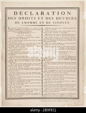 DICHIARAZIONE DEI DIRITTI E DOVERI DELL'UOMO E DEL CITTADINO ANONYME. "Déclaration des droits et des Devoirs de l'Homme et du Citoyen". 1795. Gravure sur bois/Typographie. Parigi, musée Carnavalet. Foto Stock