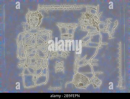 CE frammento de l'Antique. Les proporzioni del corpo humain: Mesurées sur les più belles figure de l'antiquité, Audran, Gérard, 1640-1703, acquaforte, 1683, piastra 21, frammenti scultorei. Le piastre 1-30 illustrano le proporzioni umane misurate da statue antiche, come il Laocoonte, gli Ercole Farnese, e la statua di Pyramus nella Collezione Ludovici, Reimagined by Gibon, design di caldo e allegro bagliore di luminosità e raggi di luce radianza. Arte classica reinventata con un tocco moderno. Fotografia ispirata al futurismo, che abbraccia l'energia dinamica della tecnologia moderna, del movimento, della velocità e dei rivoluzionari Foto Stock